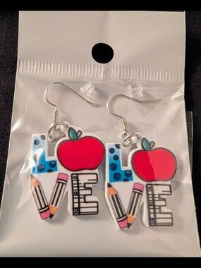 Hand Crafted Red Apple 'LOVE' Teachers Earrings